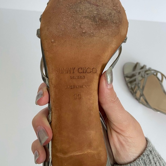 JIMMY CHOO PEWTER SILVER SANDALS KITTEN HEELS OPEN TOE METALLIC VINTAGE FORMAL - Picture 5 of 10